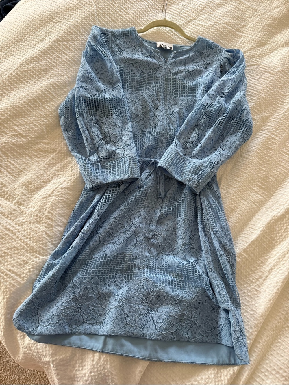 Ganni Powder Blue Lace Belted Mini Dress